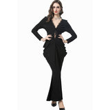 Sexy Deep V-Neck Care Machine Lace Splicing Purple Dress Tight Long Dress Dress Women Autumn New 2025 68HZ