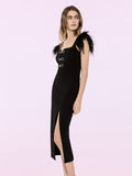 New Dress Square Collar Dress Elegant Bow Feathers Sleeveless Bandage Sexy Dress 68HZ