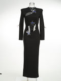 New Women's Sexy Hollow Long-Sleeved Black Dress Metal Decorated Open Forked Ass And Hip Dress 68HZ