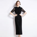 Heavy Industry Hot Diamond Net Yarn Designer Temperament Three-Dimensional Flower Standing Waist Thin Elegant Dress Dress 68HZ