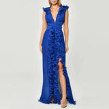 Solid-Color Open Fork Dress 2025 New Autumn V-Neck Wood Ear Design High-Waist Long Dress Woman 68HZ