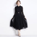 Spring And Summer New Lapl Collar Heavy Industry Hooks Hollow French Lace Dress Women Feel Large Knee Long Skirt 68HZ