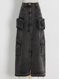 High Street Wind 2025 Summer New High-Waist Long Straight Before The Open Design Denim Pure Color Female Skirt 68HZ