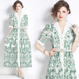 2024 Summer Collar Short-Sleeved Belt-Recely Blue Print Hollow Lace Retro Dress 68HZ