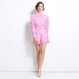 French Famous Yangyang Age-Reduce Women Senior Feel Waist Lace With Lantern Lace Spliced Shirt + High-Waisted Shorts 68HZ