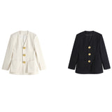 New White Small Suit Small Dress Small Design Sense V-Neck Embossed Metal Buckle Waist French Temperament Suit Jacket Woman 68HZ