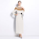 2024 Senior Sense Of The Famous Fan Heavy Industry Nail Bead Dress Temperament Sister Fan Lantern Sleeves Loose Skirt 68HZ
