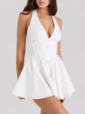 Sexy Hot Girl Wind Dark V Solid Dress 2025 New Fish Bone Collar Lumbar Thin-Necked Dress Woman Summer 68HZ