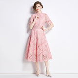 French High-End Lace Splicing Round Collar Dress Women's New Summer Waist Thin Temperament Big Swing Dress Dress 68HZ