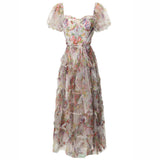 Sexy Square Collar Bubble Sleeves To Collect Waist Long Print Lotus Leaf Side Blue Dress Summer Women's New 2024 68HZ
