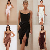 Direct Sales 2025 Spring And Summer New Slings Solid Color V-Neck Irregularly Folded High-Waisted Dress Dress 68HZ