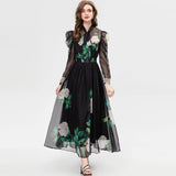 Fashion Scarf Long-Sleeved Green Rose Print Long Dress Spring And Summer Women's New 2024 68HZ
