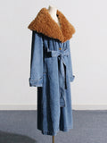 Spring 2025 New Fashion Temperament Detachable Wool Collar Long Denim Jacket Female With Belt Thin Windwear 68HZ