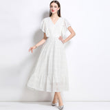 Lace Hollow Embroidery Hook Lotus Leaf Side Flying Sleeve V Collar Thai Dress Fairy Vacation Lotus Side Dress 68HZ