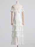 One-Word Shoulder-To-Shoulder-Backed T-Shirt Dress Woman 2025 Spring New Fashion Fashion Splicing Lace Waist Long Skirt 68HZ