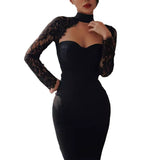 Sexy Hanging Neck Lace Dress Wish Burst Banquet Bandage Dress Autumn And Winter Long Sleeves 68HZ