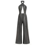 New Personalized Street Women's High-Waisted Silver Trousers Wide Leg Trousers Party Party Dress Woman 68HZ