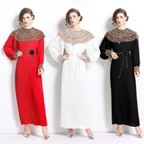 2025 Senior Sense Of The Famous Fan Heavy Industry Nail Bead Dress Temperament Sister Fan Lantern Sleeves Loose Long Skirt 68HZ