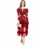 Vintage Round Collar Lotus Side Spliced Long Sleeve Elegant Lace Wine Red Dress Women's Autumn New 2025 68HZ