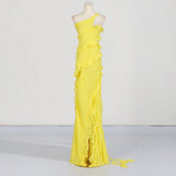 Elegant Wind One-Shoulder Dress Dress 2025 Summer New Splicing Wood Ear Slim Slim Open Fork Dress Woman 68HZ