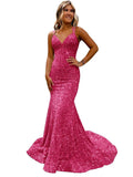 Lieling Ball Dress Body-Bagged Fishtail Small Tail Evening Dress Fine Shoulder-Band V-Neck Party Dress 68HZ