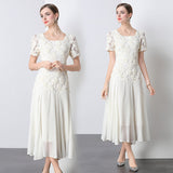 European Goods Heavy Industry Lace Three-Dimensional Square Dress Dress Women 2025 Summer New Gas Shade Meat Mesh Yarn Long Dress 68HZ