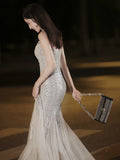 Evening Dress Fishtail Woman 2024 New High-End Banquet Temperament Silver Dress Light Luxury Niche High-End Host 68HZ