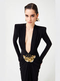 Exploding Black Long-Sleeved Hollow V-Neck Cross Dress Metal Fishtail Elegant Dress 68HZ