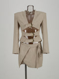 High-End Women's Suit Sexy Hollow With Long-Sleeved Top Irregular Tie Short Skirt Two-Set 68HZ