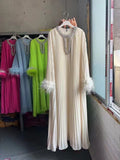 Spring And Autumn 2024 New Round-Necked Nail Pearl Feather Cuffs 100-Fold Loose Mid-Long Dress Dress Dress Women's Leisure 68HZ