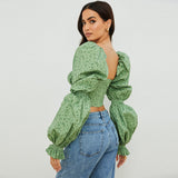2025 Fashion Women's Clothing Collar Broken Flower Long-Sleeved Hollow Low-Breasted Tavel Trumpet Sleeve Top Lady 68HZ