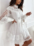 French Style High-End Embroidery Hook Dress 2025 New Lantern Sleeves To Close The Waist Thin Solid Color Dress Women's Summer 68HZ