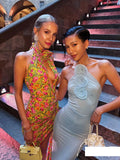 High-End Women's New Sexy Bare Back Hanging Neck Dress Dress Flower Decorative Temperament Banquet Dress Dress 68HZ