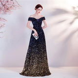 Word-On-Word Evening Dress 2025 New Gradient Black Annual Meeting Stage Host Catwalk Fishtail Dress Woman 68HZ
