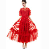 Sexy At The Same Time Round Collar Short-Sleeved Lotus Side Red Splicing Cake Dress Dress Women's Spring And Summer 2025 68HZ