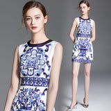 2024 Summer New Women's High-End Court Retro-Print Round-Neck Sleeveless Vest Short Dress 68HZ