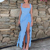 Women's French Suspension Dress Design Sensual Spice Girls Sexy Open Fork Dress Red Chiffon Dress Summer 68HZ