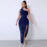 Direct Selling New Women's Clothing 2025 Spring Fashion Squin Single-Sleeve-Less Open-Fork Dress Solid Color 68HZ