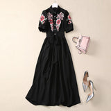 Heavy Industry Embroidered Flower Lily Collar Short Sleeve Tie Tight Waist High Dress Station Spring And Summer Woman 2025 68HZ