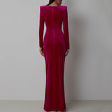 High-End Women's Fashion Round Collar Velvet Long Dress Tight Open Fork Dress Dress Long 68HZ