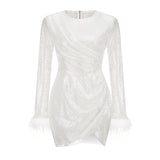 High-End Women's Sleeves Decorated Feather Dress Embellished Irregular Elegant Dress Woman 68HZ