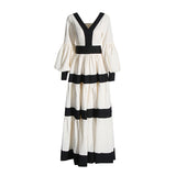 French V-Neck Lantern Sleeve Dress 2025 New Niche Colliding Color Design Long-Term Waist Dress Women's Summer 68HZ