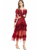 Vintage Round Collar Lotus Side Spliced Long Sleeve Elegant Lace Wine Red Dress Women's Autumn New 2025 68HZ
