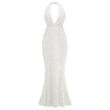 Solid Color Sexy Dark V Bareback Dress Woman High-End New Flower Design Fishtail Party Dress 68HZ