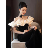 Evening Dress Women Black Shoulder Temperament High-End Fishtail High-Level Adult Banquet Dress Light Luxury Niche 68HZ