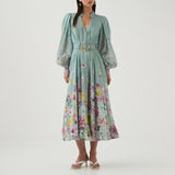 Art Lantern Sleeve Long Dress 2025 New Waist Thin Design Retro Print Dress Women's Summer 68HZ