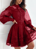 French Style High-End Embroidery Hook Dress 2025 New Lantern Sleeves To Close The Waist Thin Solid Color Dress Women's Summer 68HZ
