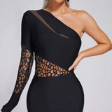Autumn And Winter New Women's Sexy Lace Single Sleeve Sleeves Hollow Body-Daughter Temperament Bandage Dress Woman 68HZ