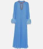 Small Group Liu Jialing With The Same Water Drill Ostrich Hair Decoration Long-Sleeved Holiday Chiffon Dress SP 68HZ
