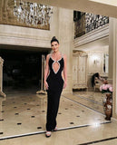 Heavy Industry Black Chested Water Drill Hanging Neck Party Banquet Banded Long Dress Dress Banded Evening Dress 68HZ